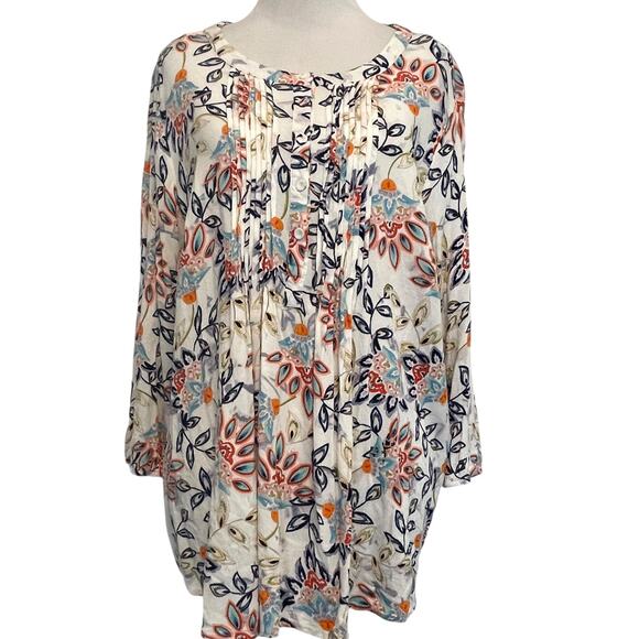 Daniel Rainn Pintucked Blouse Womens Size 1X Ivory Multicolor Floral Popover Top - Picture 2 of 8